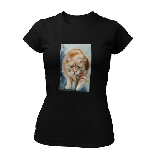 Dámské černé tričko s obrázkem kočky akvarel od Terezy O.