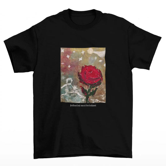 černé bavlněné tričko s obrázkem růže a malého prince s nápisem jedinečná mezi hvězdami
