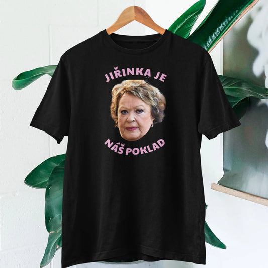 Černé tričko s obrázkem Jiřiny Bohdalové a nápisem Jiřinka je náš poklad