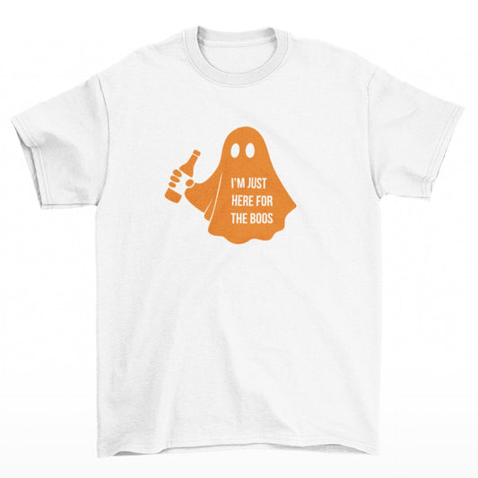 Bílé Halloween tričko s duchem a nápisem – I’m just here for the boos