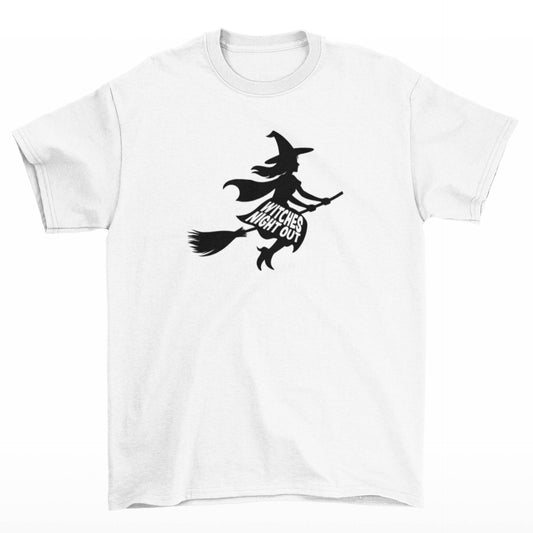 Bílé Halloween tričko s čarodějnicí a nápisem Witches night out