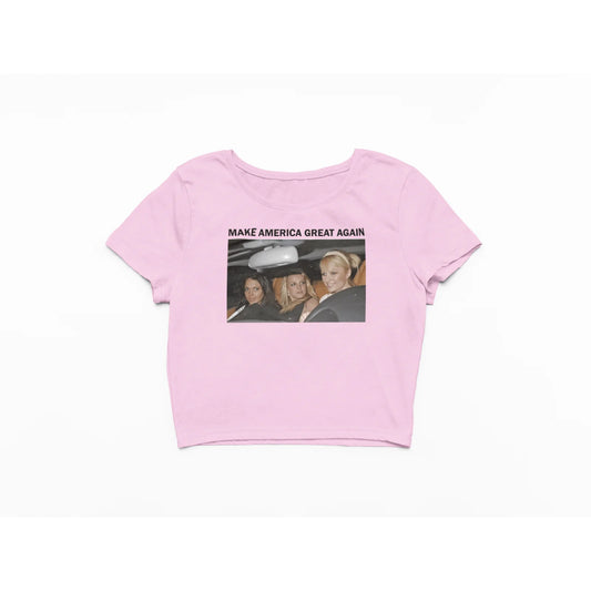 Růžový Crop Top s fotkou a nápisem Make America Great Again