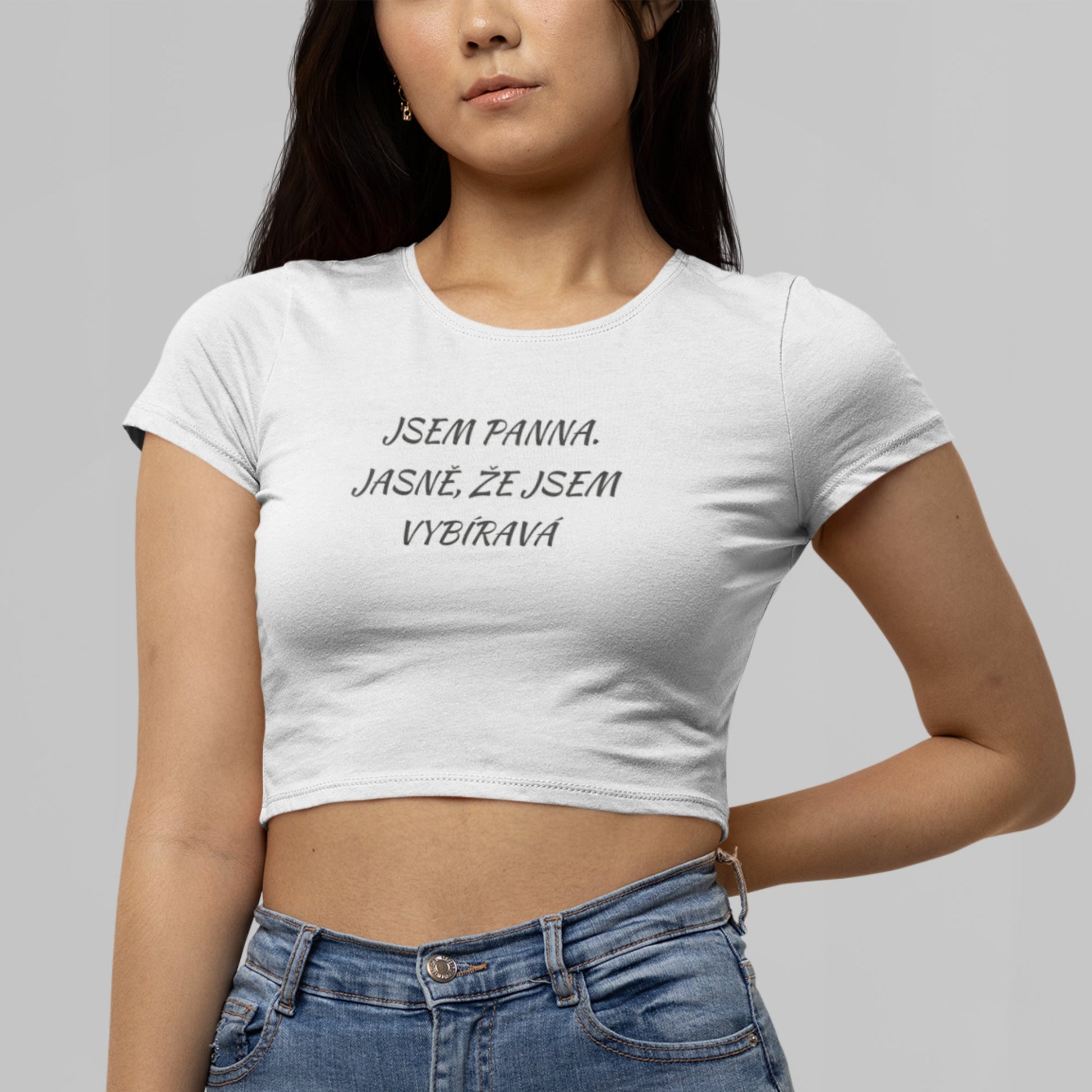 Bavlněný crop top s nápisem "jsem panna"