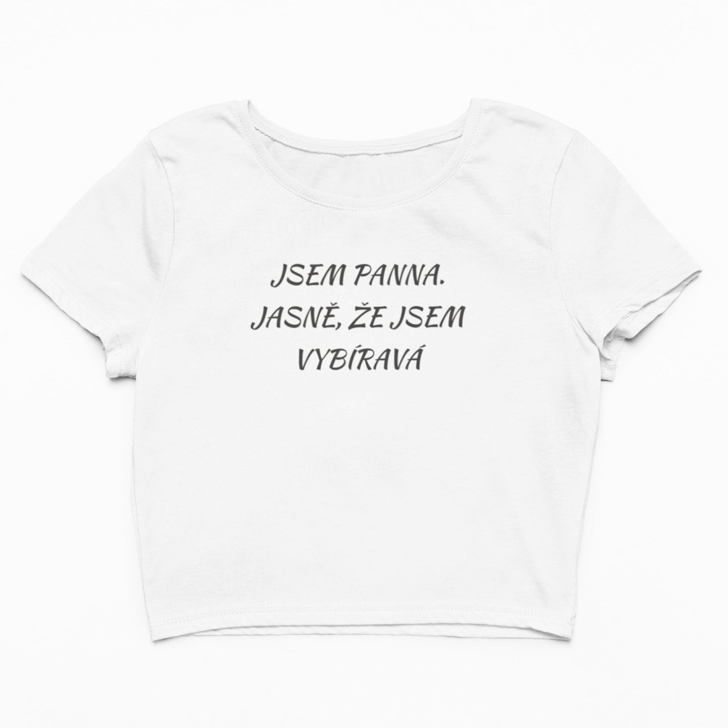 Bavlněný crop top s nápisem "jsem panna"