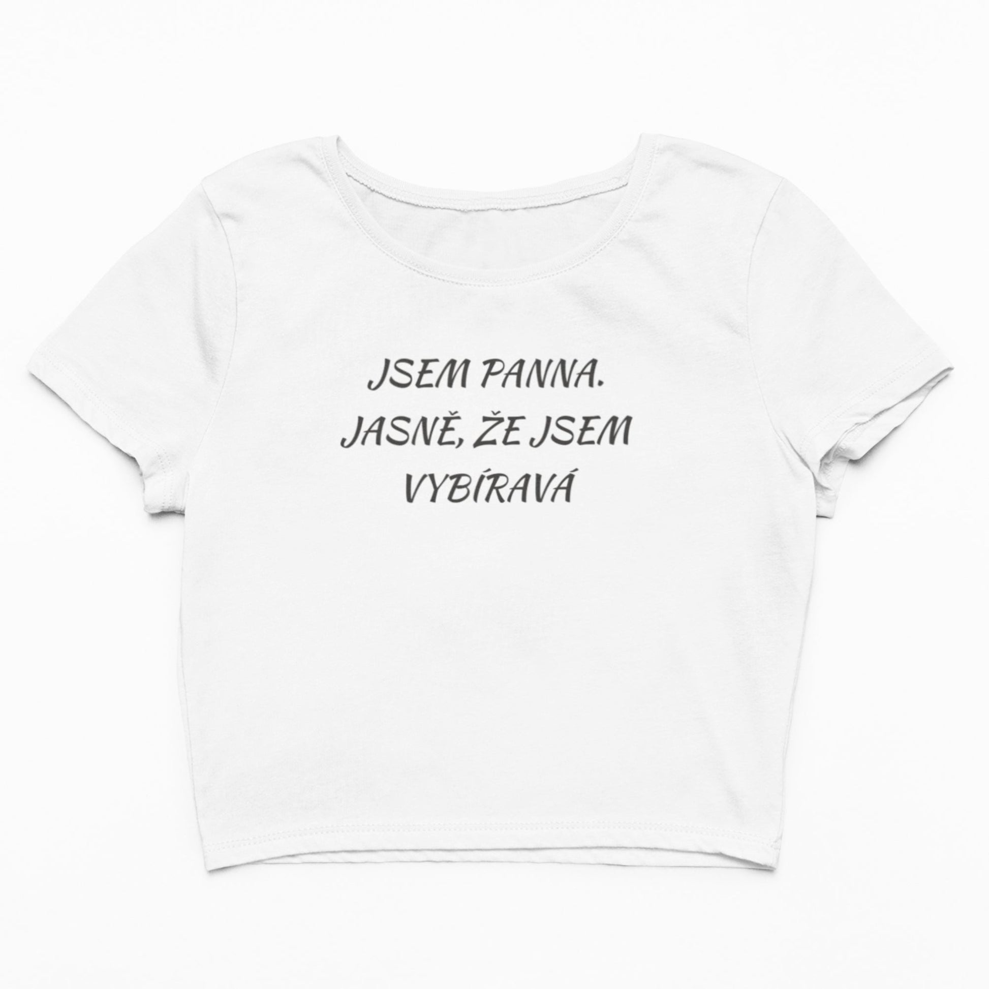 Bavlněný crop top s nápisem "jsem panna"