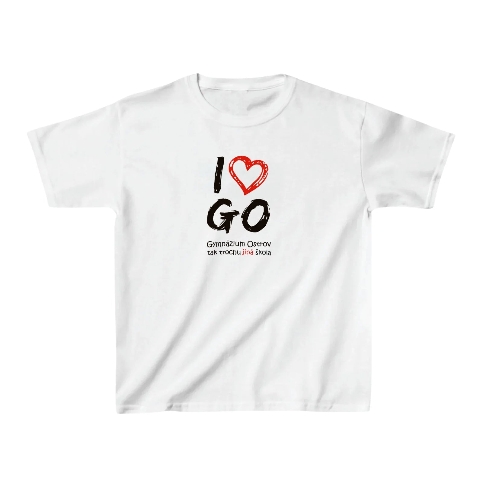 Bílé baby tee s nápisem I love GO (Gymnázium Ostrov)
