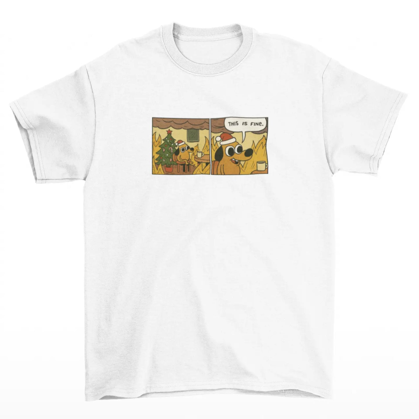 Tričko se psem v hořícím vánočním pokoji a textem This is fine