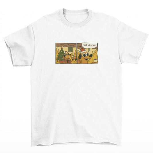 Tričko se psem v hořícím vánočním pokoji a textem This is fine