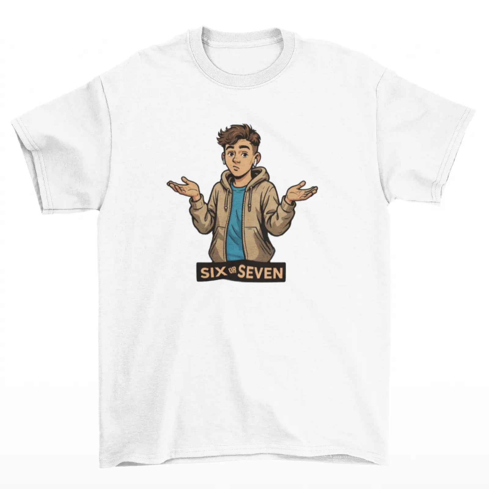 Bílé tričko s obrázkem kluka se sluchátky v ších a nápisem six or seven