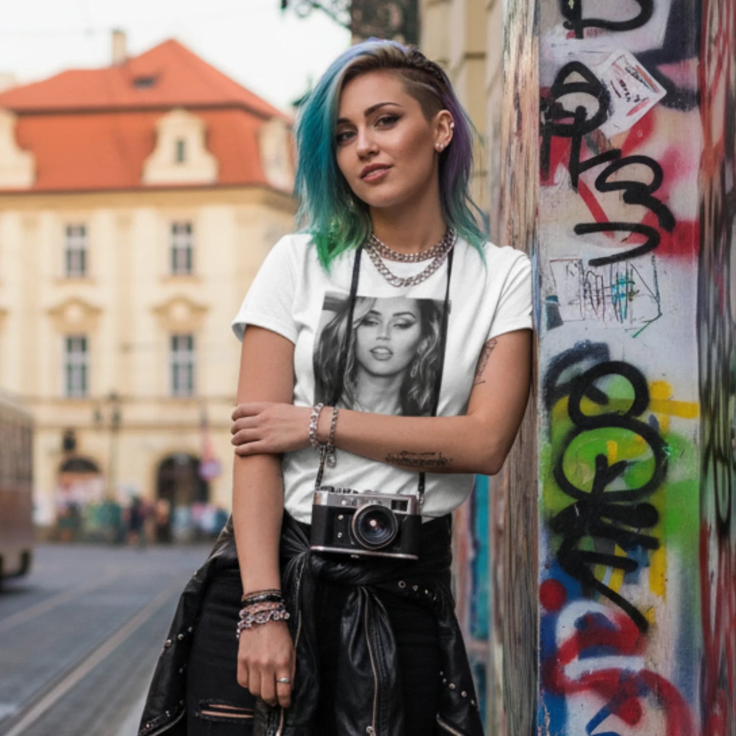 Holka v bílém tričku s černobílou fotkou Miley Cyrus s náhrdelníkem