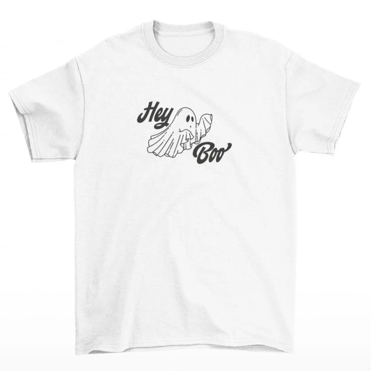 Bílé tričko s duchem a nápisem Hey Boo