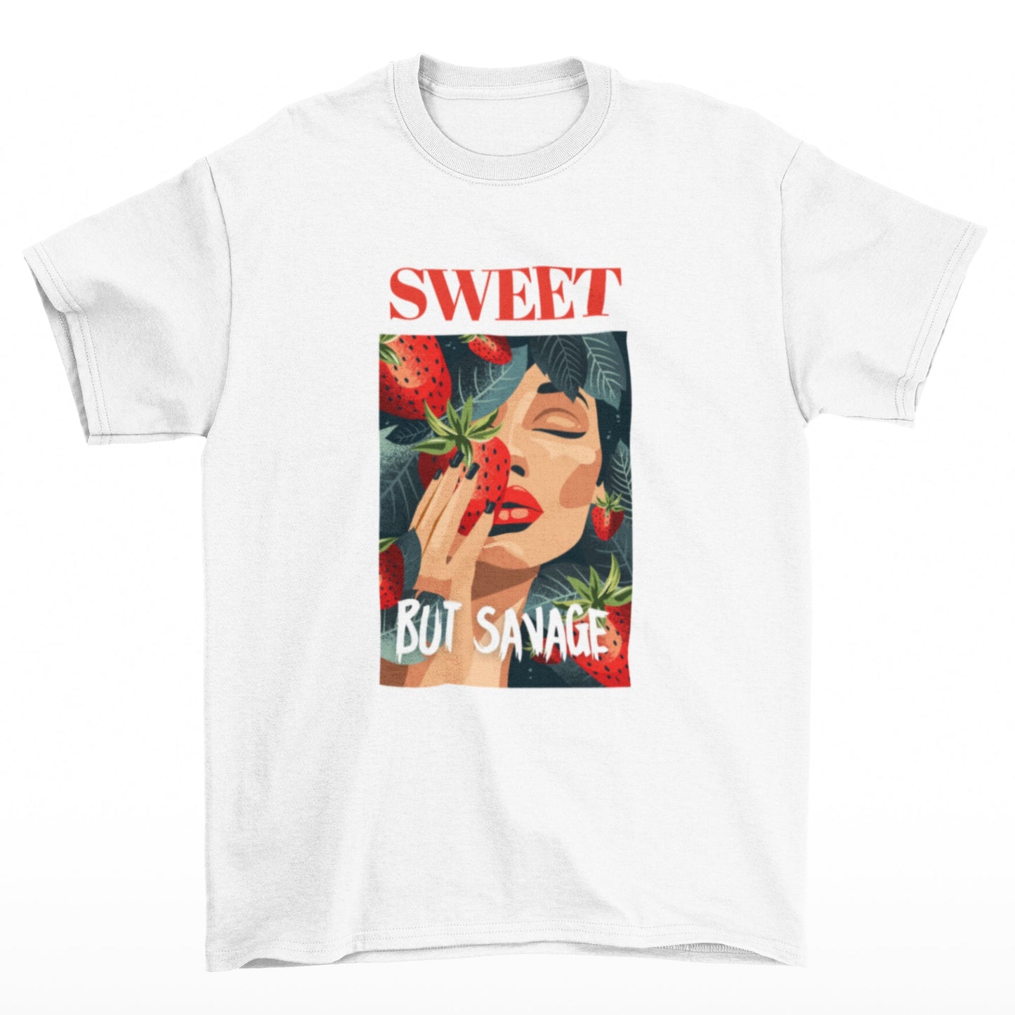 Bílé tričko s jahodou a nápisem Sweet but savage