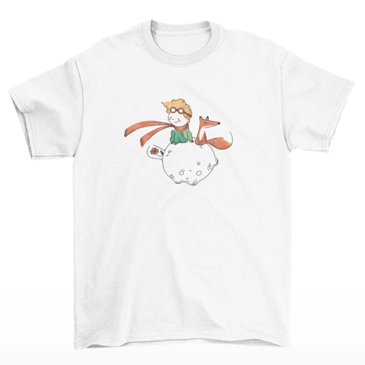 Bílé tričko s kresbou Malého Prince s liškou a růží