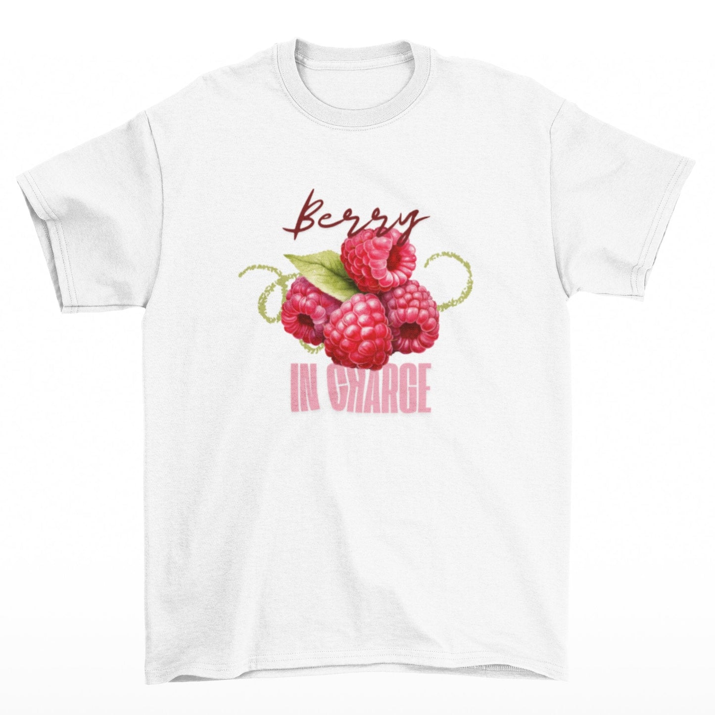 Bílé tričko s malinou a nápisem Berry in Charge