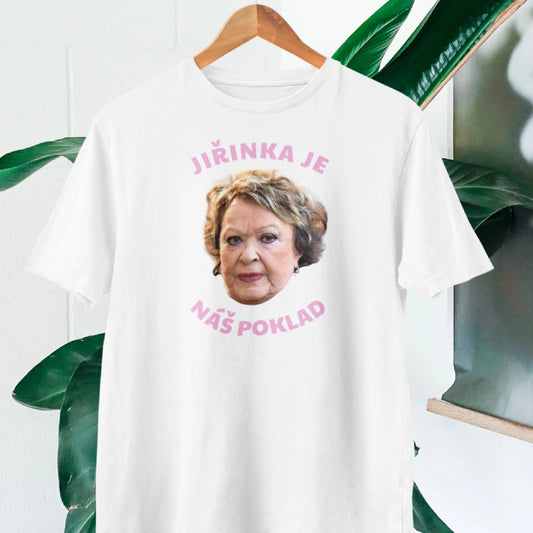Bílé tričko s obrázkem Jiřiny Bohdalové a nápisem Jiřinka je náš poklad