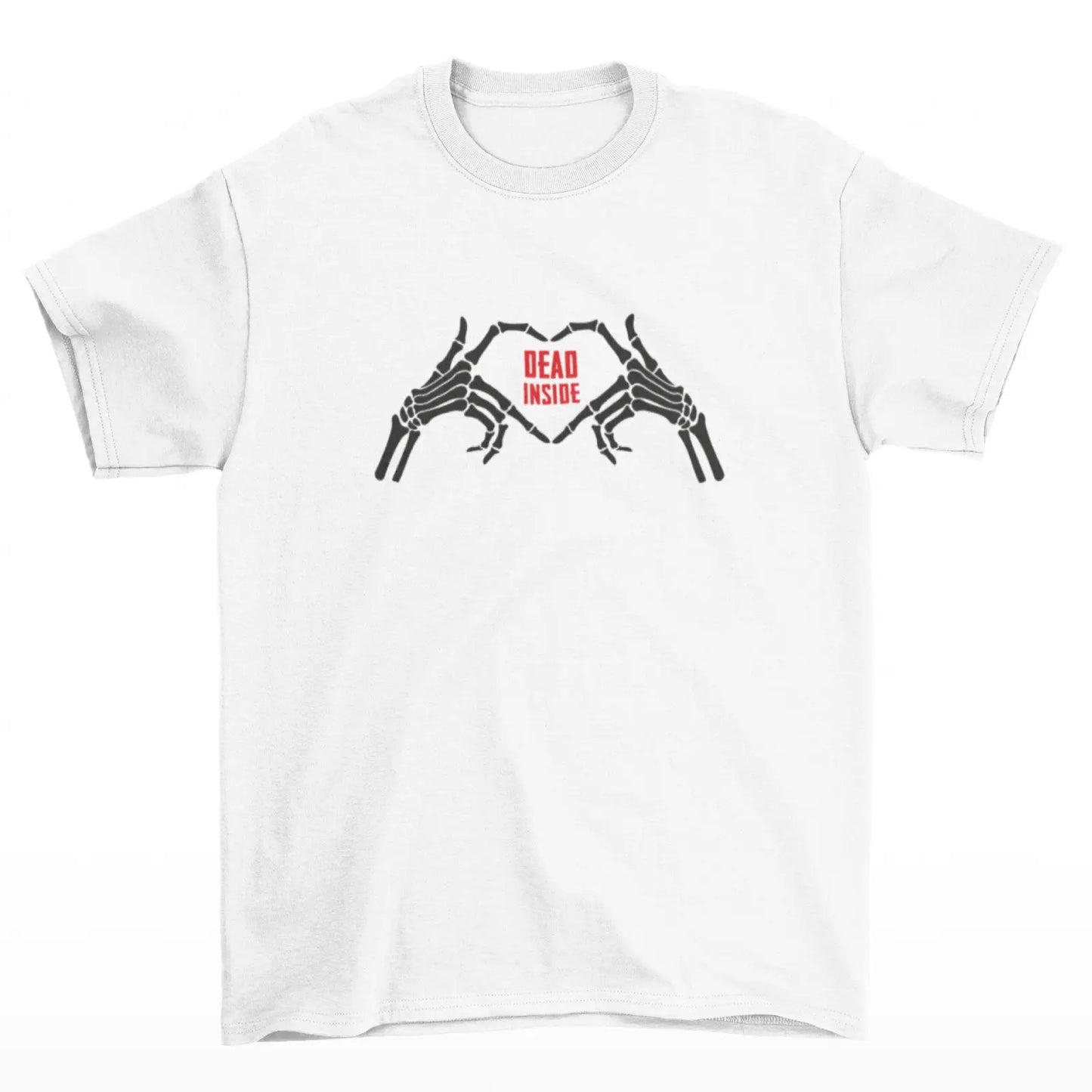 Bílé triko s nápisem DEAD INSIDE a rukama kostlivce