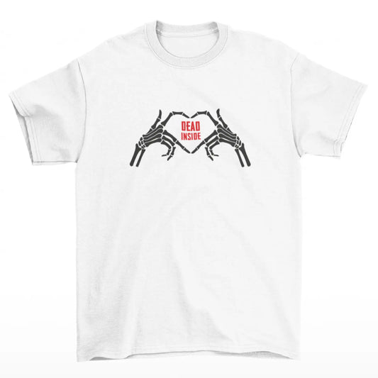 Bílé triko s nápisem DEAD INSIDE a rukama kostlivce