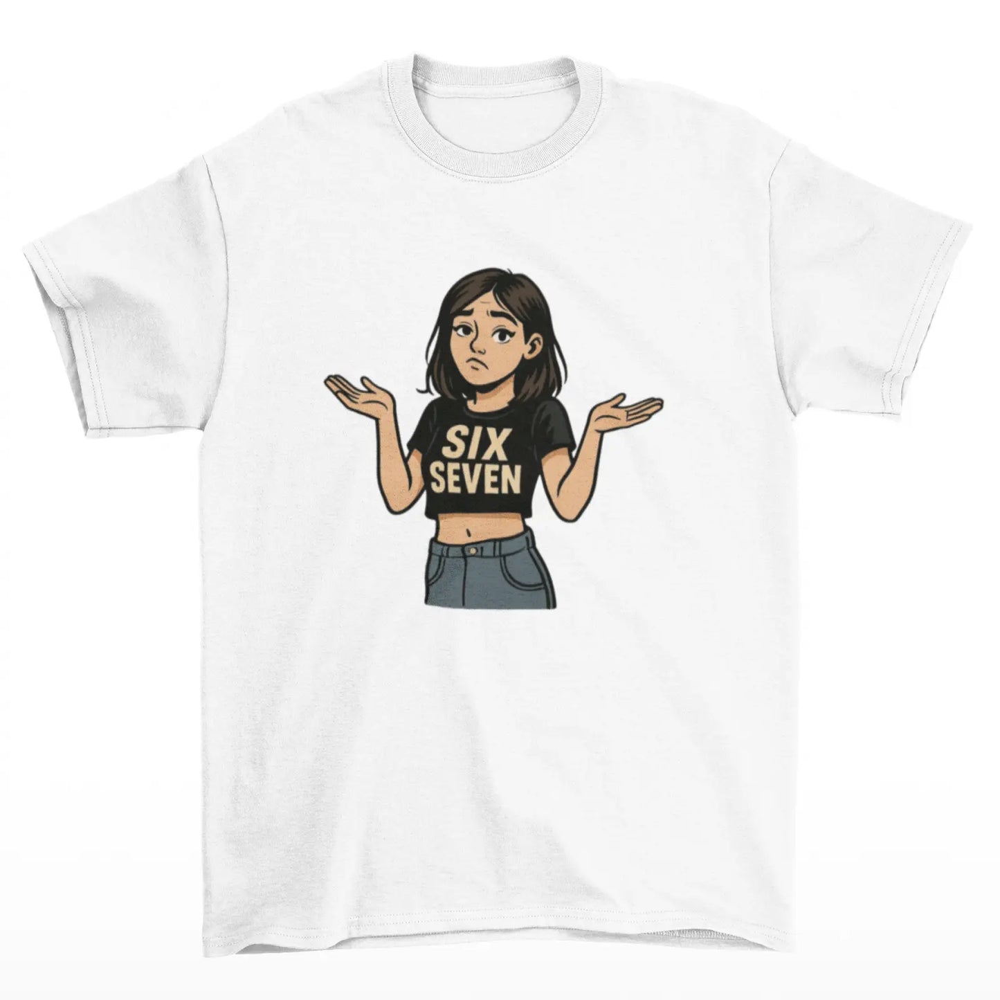 Bílé tričko s obrázkem holky a nápisem six seven