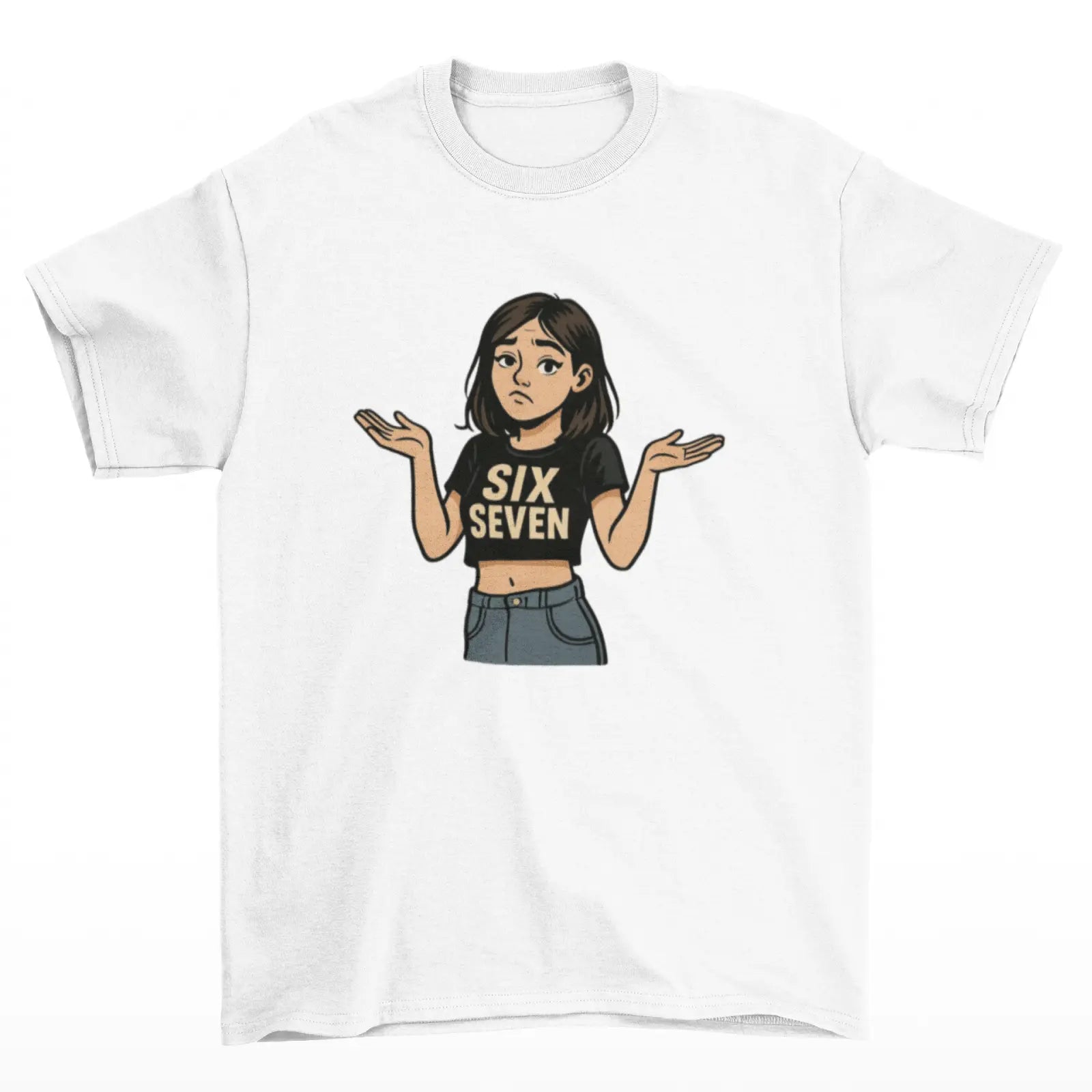 Bílé tričko s obrázkem holky a nápisem six seven