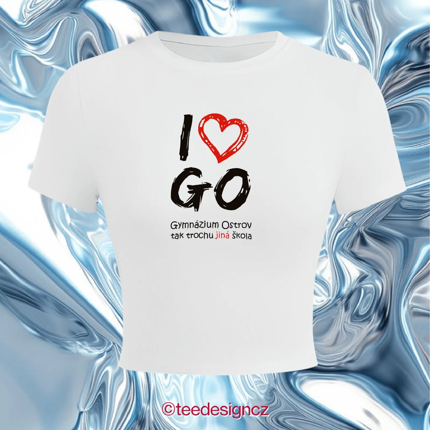 Bílý crop topu s nápisem I love GO (Gymnázium Ostrov)