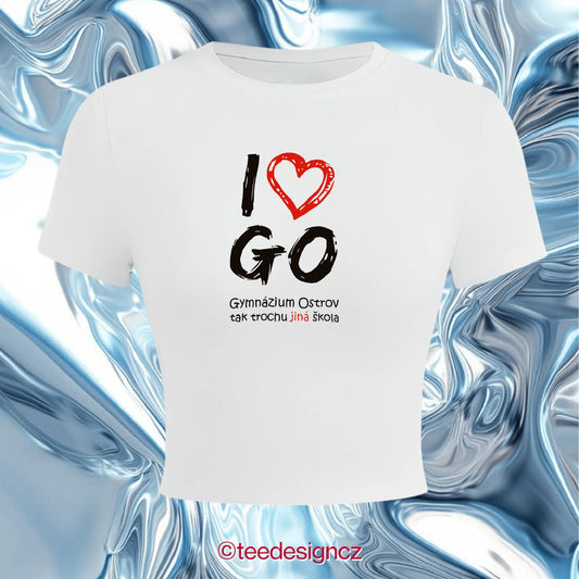 Bílý crop topu s nápisem I love GO (Gymnázium Ostrov)