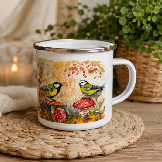 Plecháček, smaltovaný hrnek 330 ml – sýkorky, akvarel Tereza O.