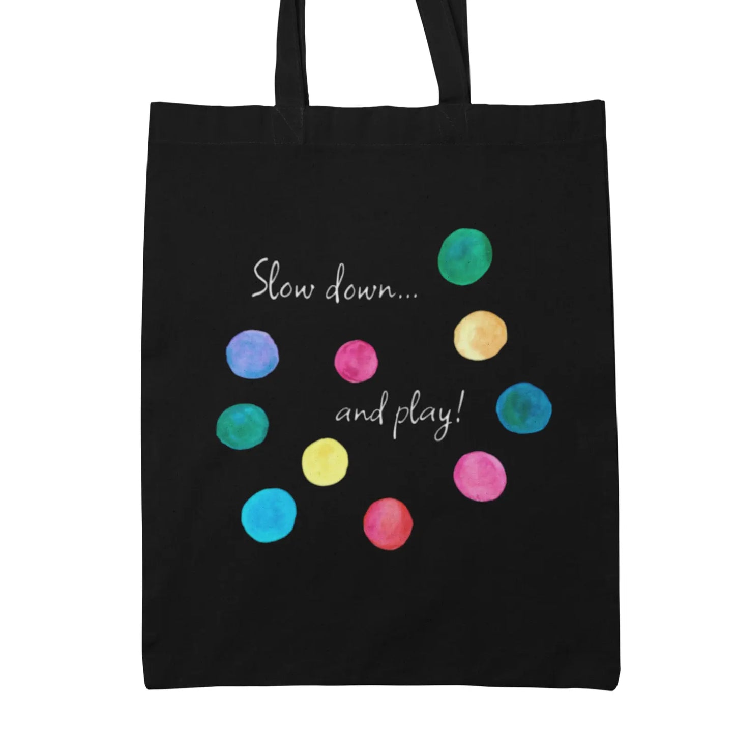 Černá taška s puntíky Slow down and play malba od Ivy Kočíková