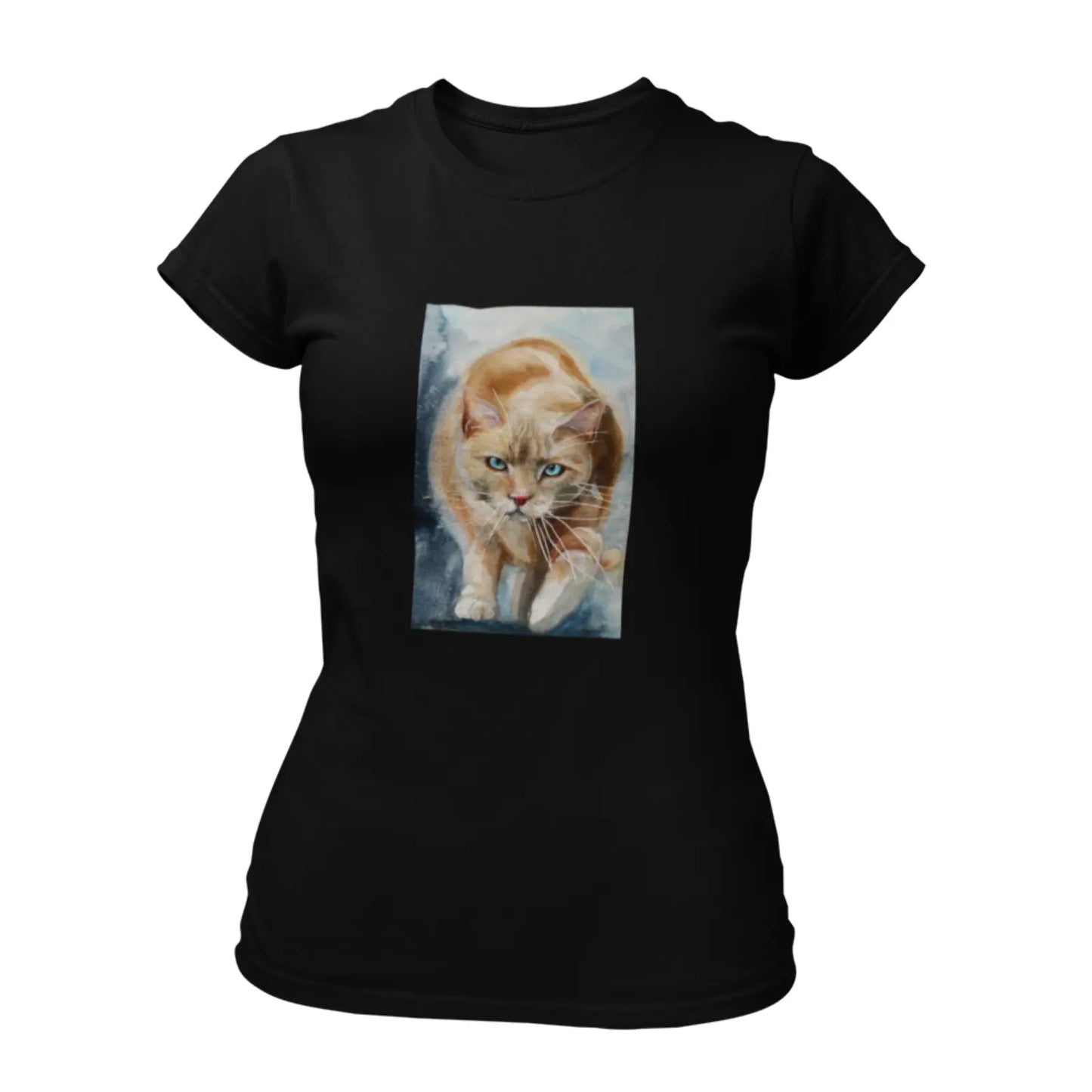 Dámské černé tričko s obrázkem kočky akvarel od Terezy O.