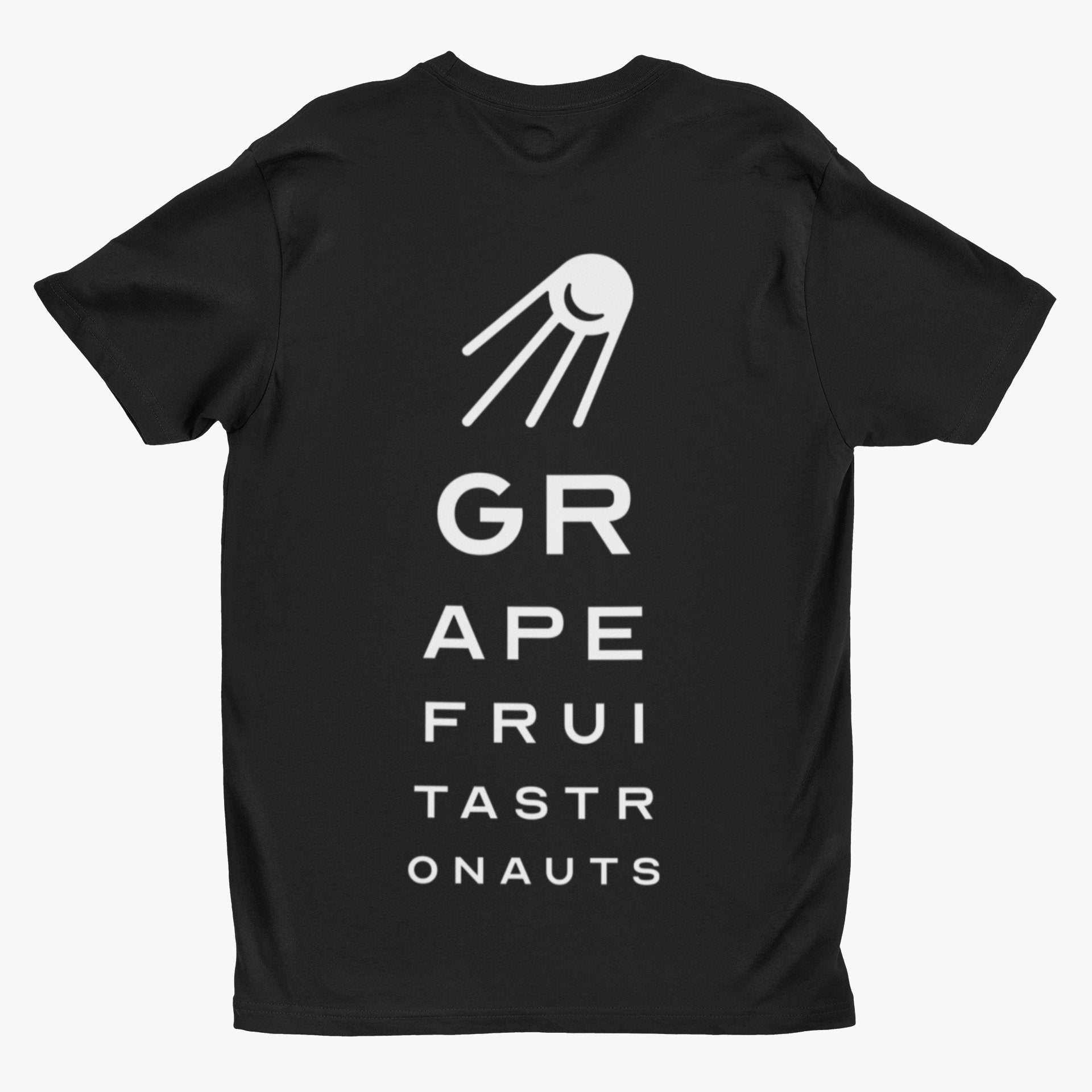 Produktová fotografie zadní strany černého trička pro fanoušky Grapefruit Astronauts design u Očního lékaře 