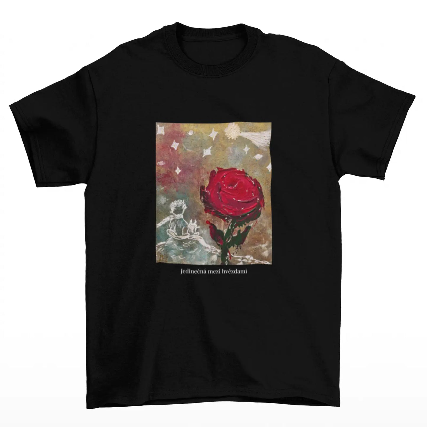 černé bavlněné tričko s obrázkem růže a malého prince s nápisem jedinečná mezi hvězdami