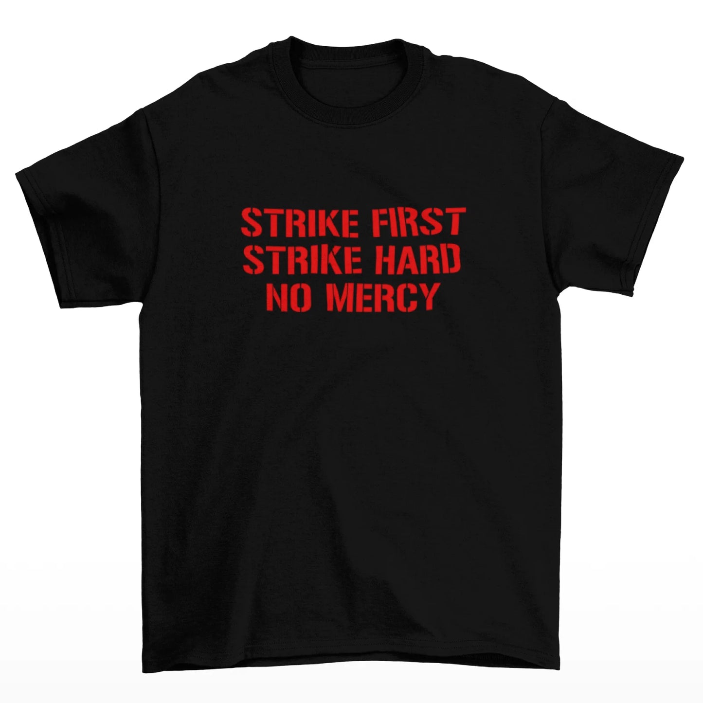 Černé tričko s červeným nápisem Strike First, Strike Hard, No Mercy (Cobra Kai)