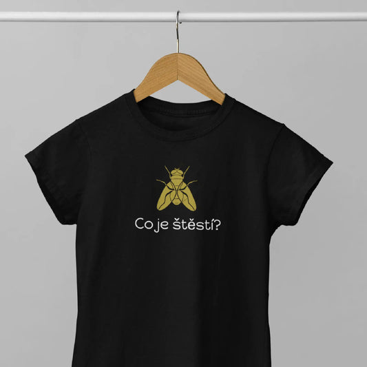 Černé tričko s muškou a nápisem Co je štěstí? Dámské