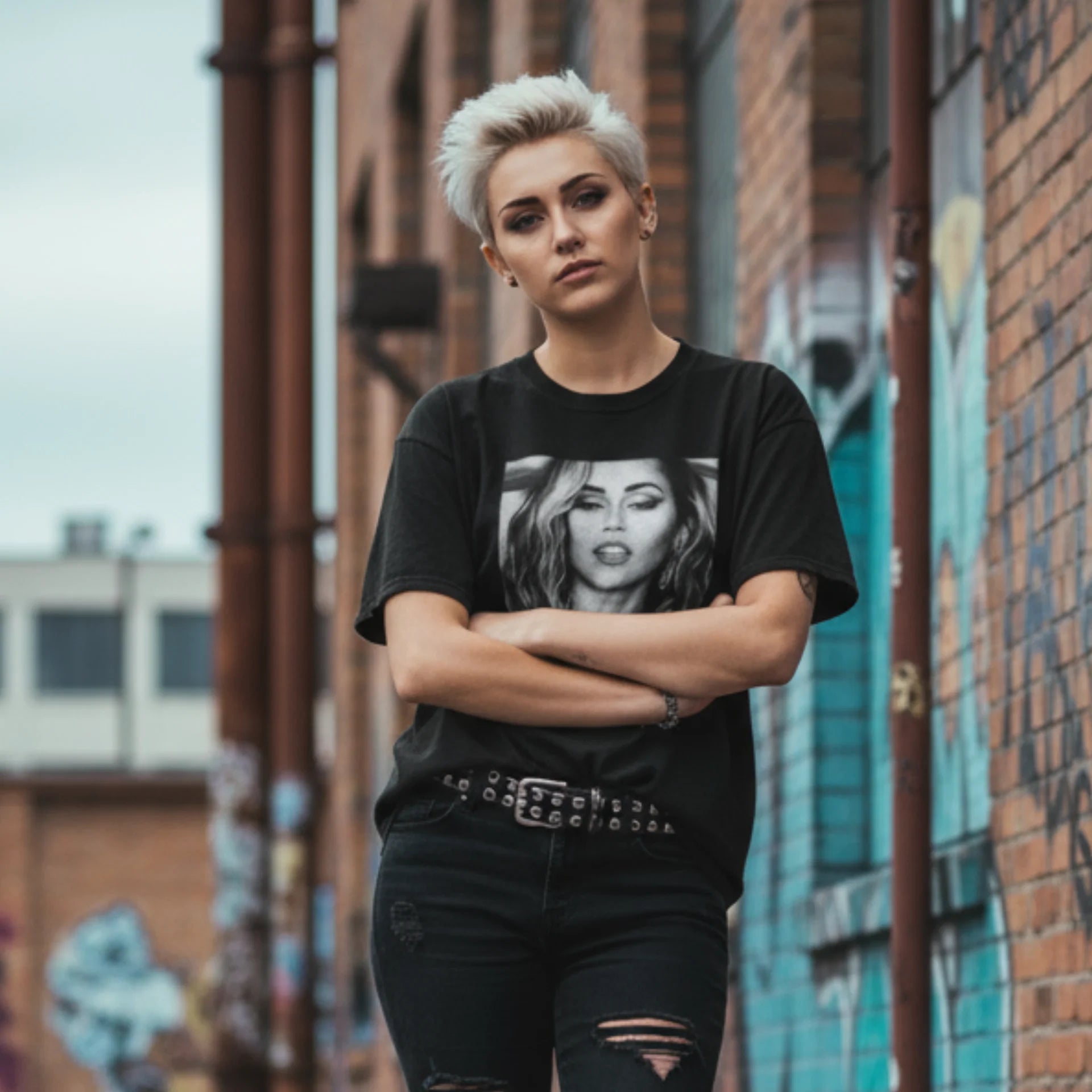 Holka v černám tričko s černobílou fotkou s Miley Cyrus s náhrdelníkem