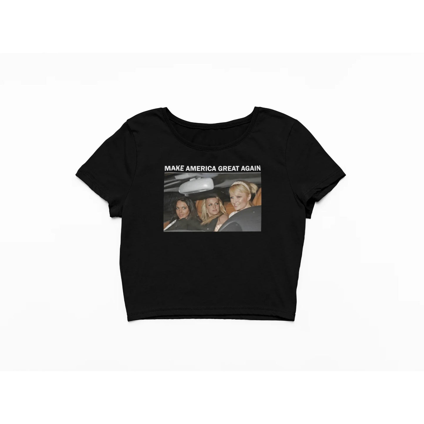 Černý Crop Top s fotkou a nápisem Make America Great Again