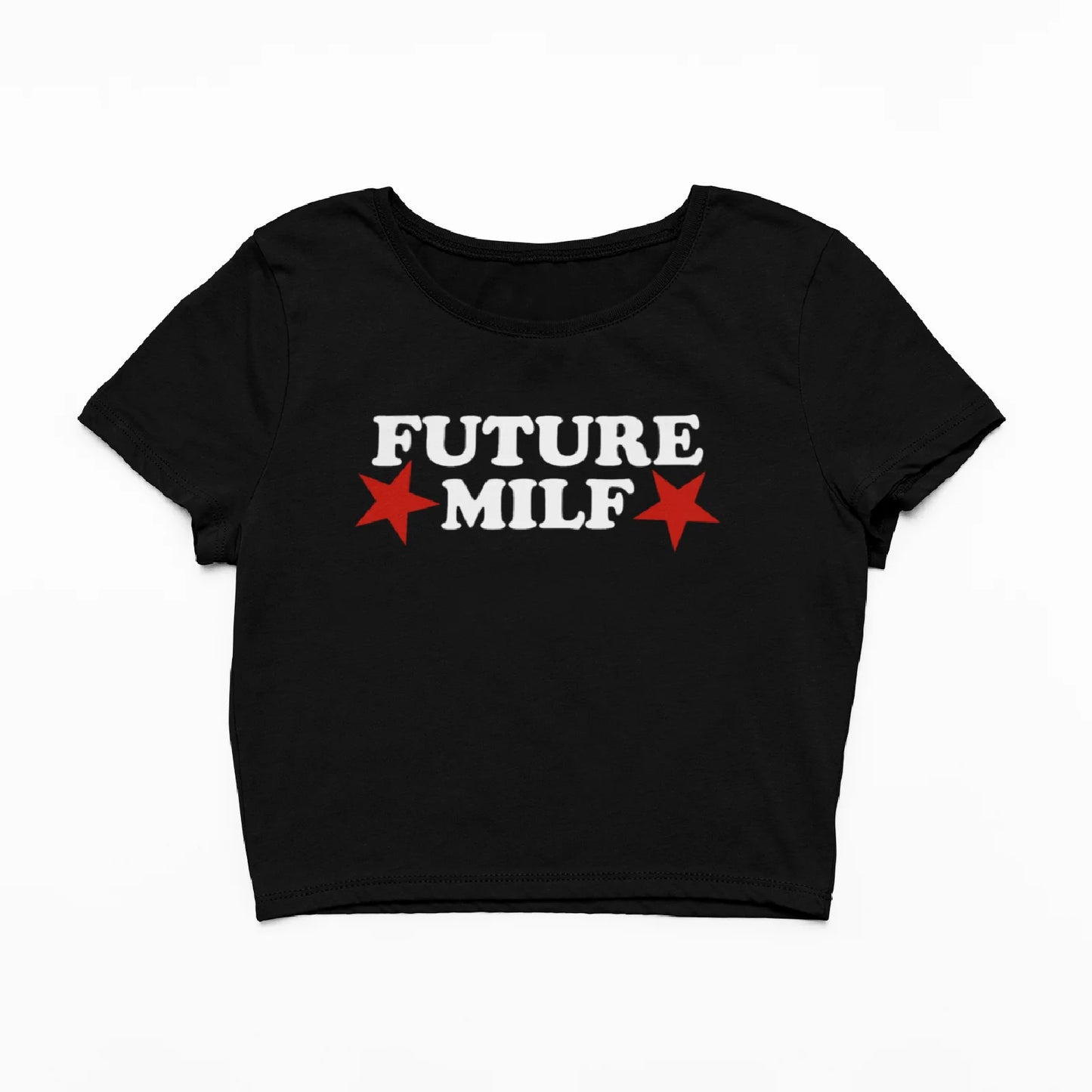 Černý crop top s nápisem future milf a červenými hvězdami