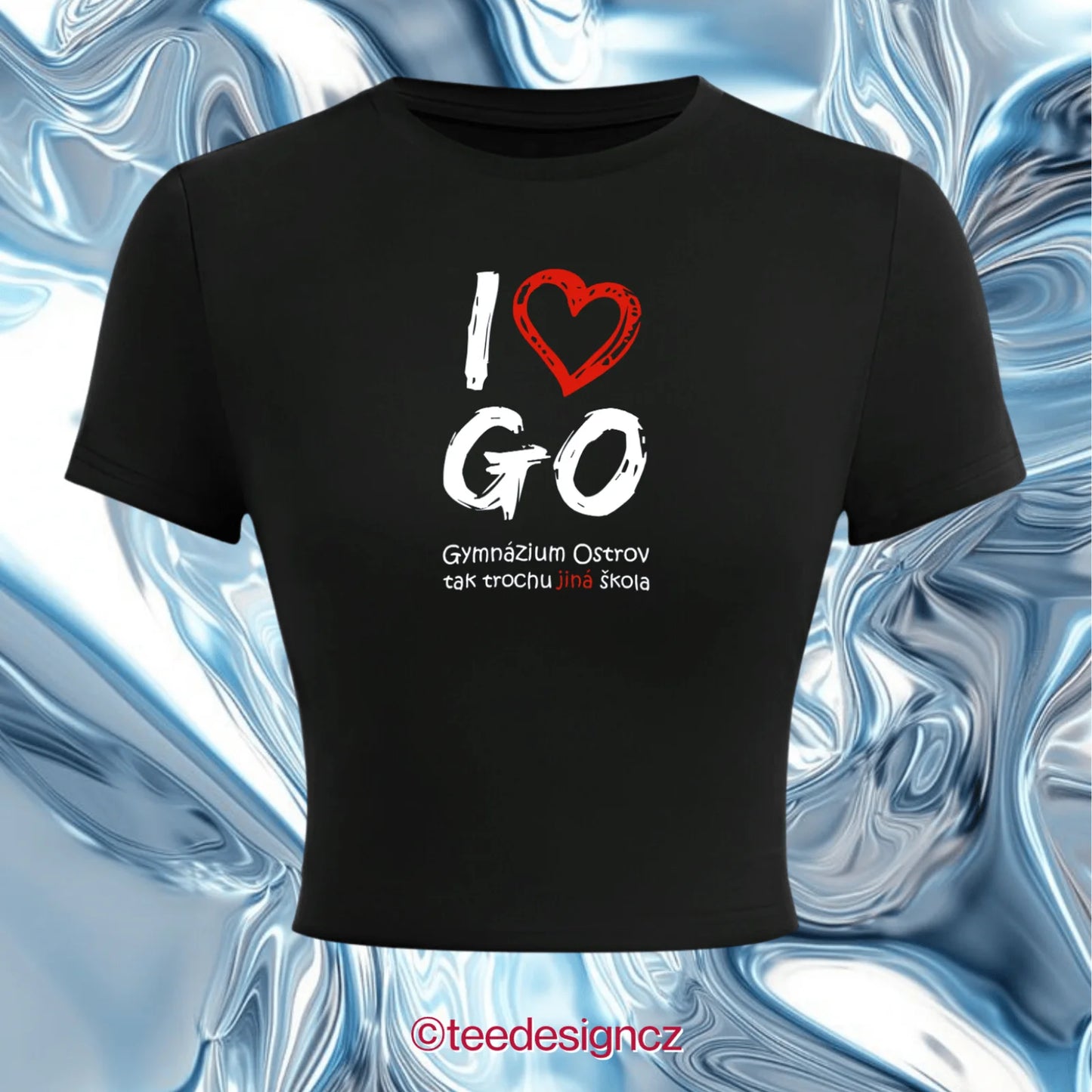 Černý crop topu s nápisem I love GO (Gymnázium Ostrov)