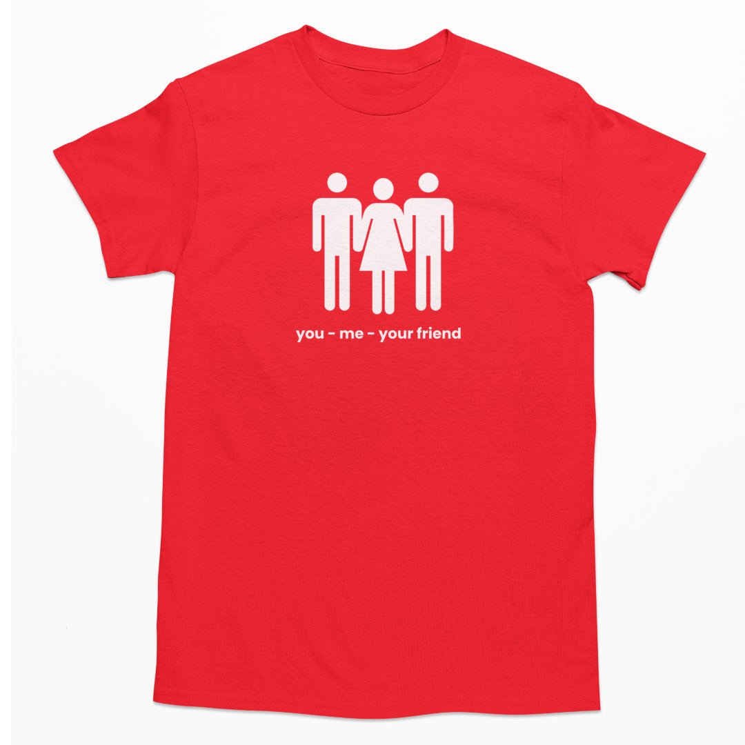 Červené tričko pro holky s obrázkem lidí a nápisem You - me - Your friend