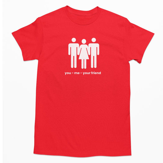Červené tričko pro holky s obrázkem lidí a nápisem You - me - Your friend