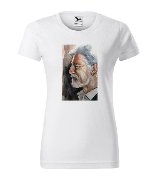 Dámské bílé tričko s portrétem prezidenta Petra Pavla reprodukce akvarel Tereza Mušková Olivová 