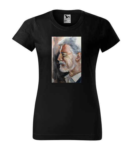 Dámské černé tričko s portrétem prezidenta Petra Pavla reprodukce akvarel Tereza Mušková Olivová 