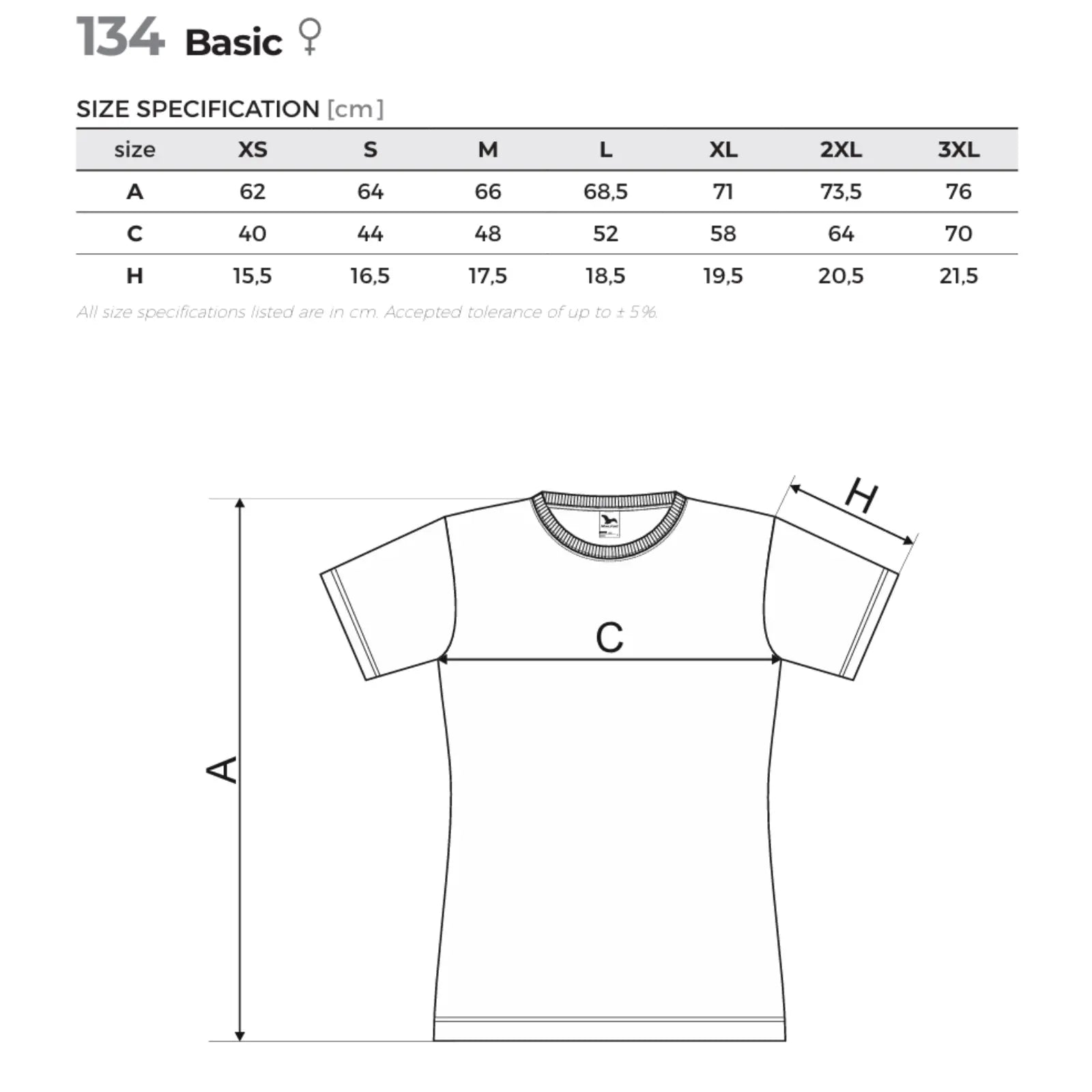 Dámské tričko Malfini Basic tabulka velikostí 