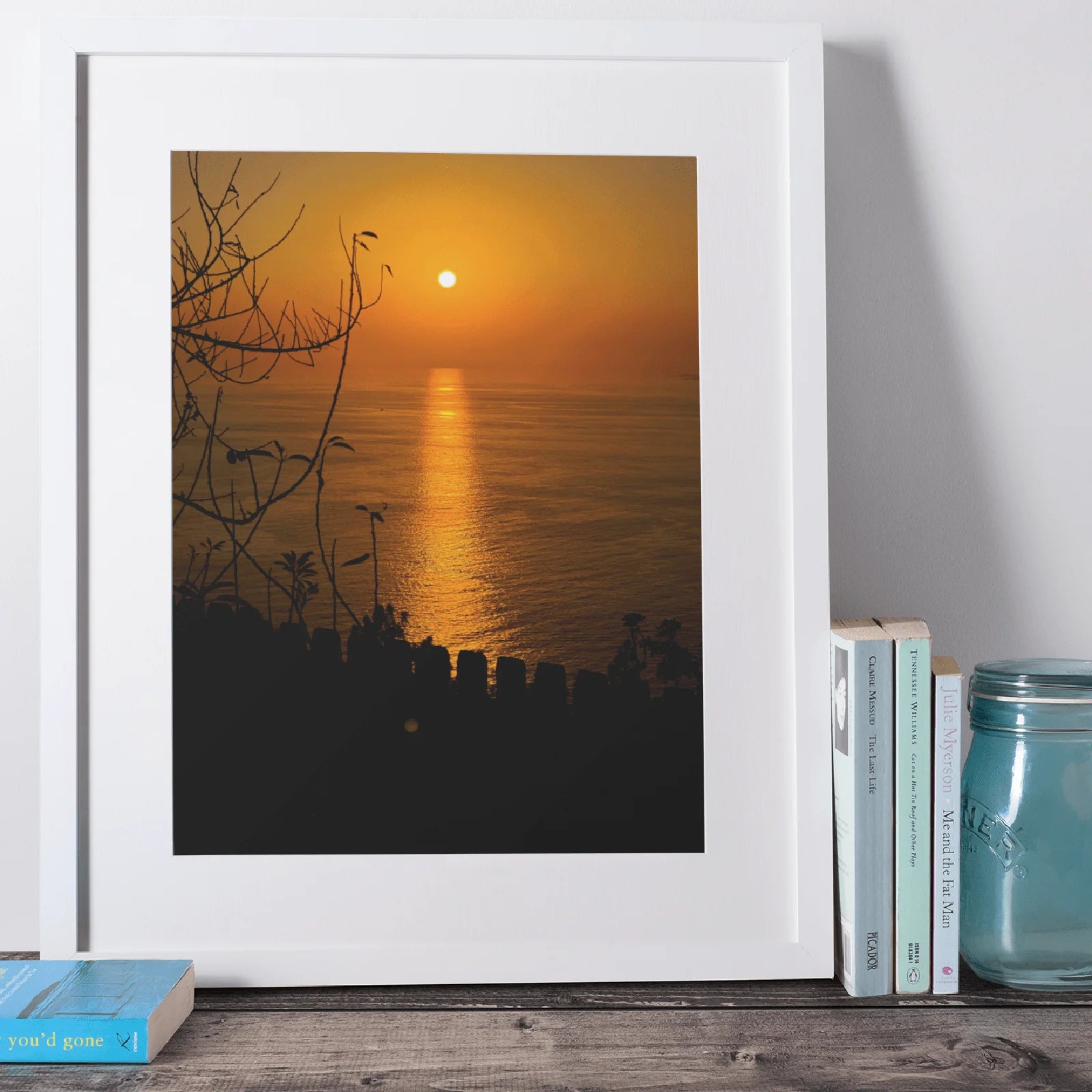 Vlastní fotoobraz v bílém dřevěném rámu, východ slunce