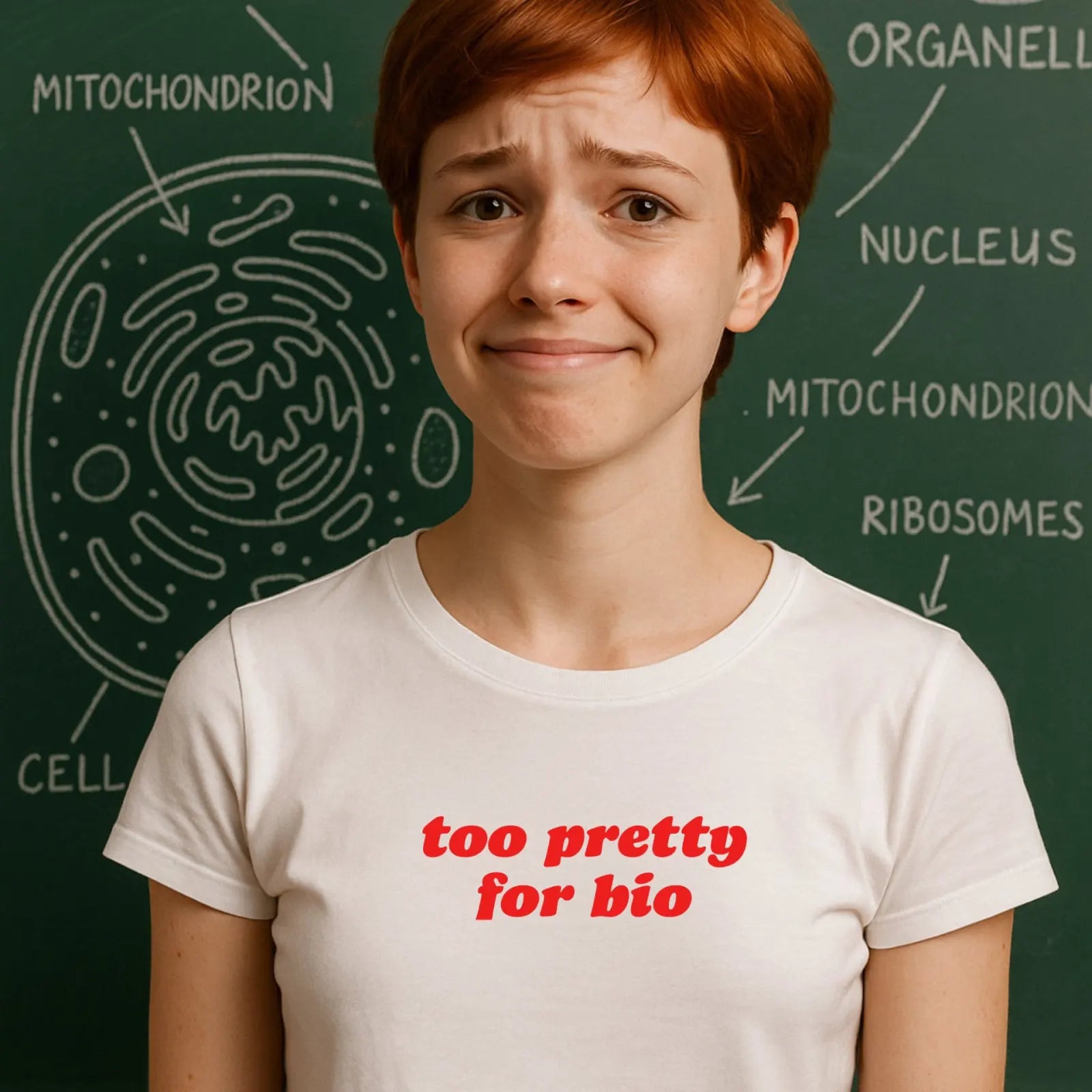 Studentka u tabule v bílém tričku s nápisem Too pretty for chem bio