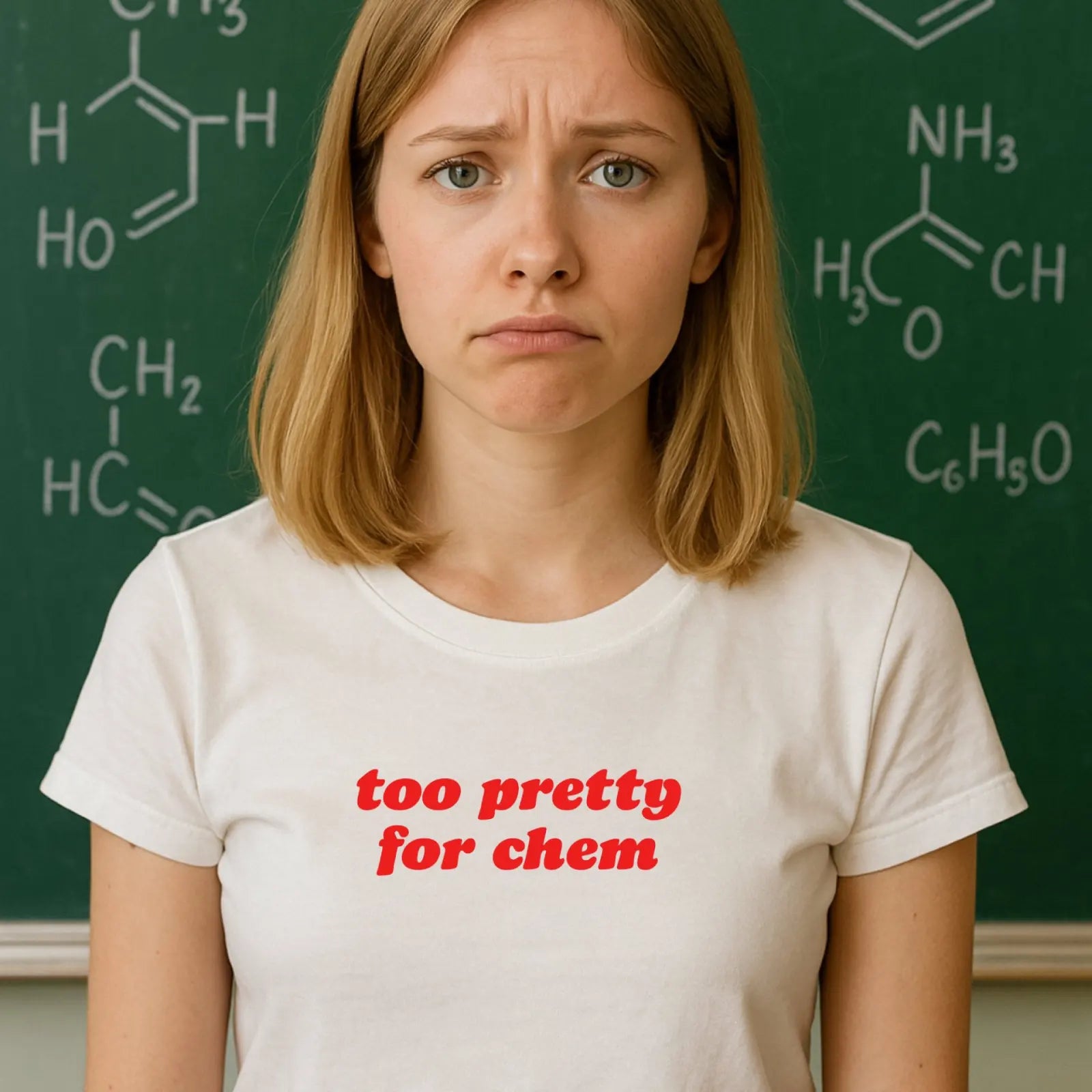 Studentka v bílém tričku s nápisem Too pretty for chem