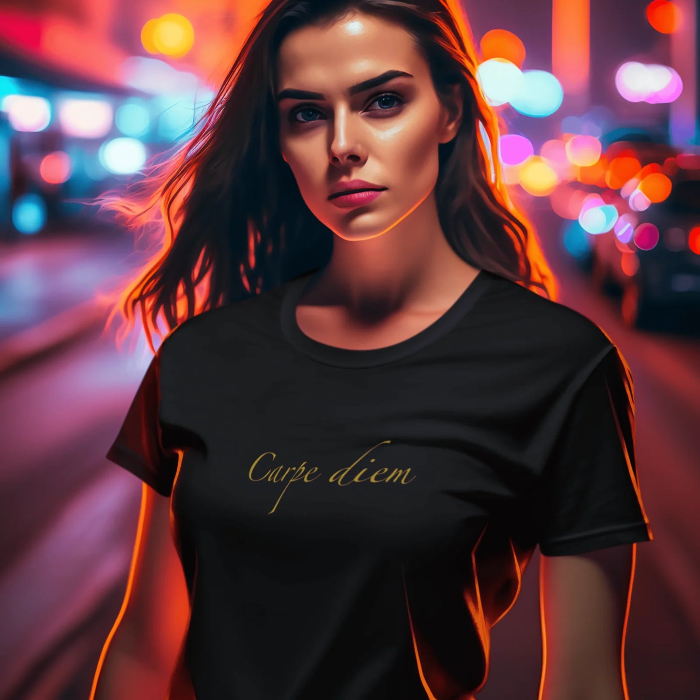 Holka v černém tričku s nápisem Carpe diem