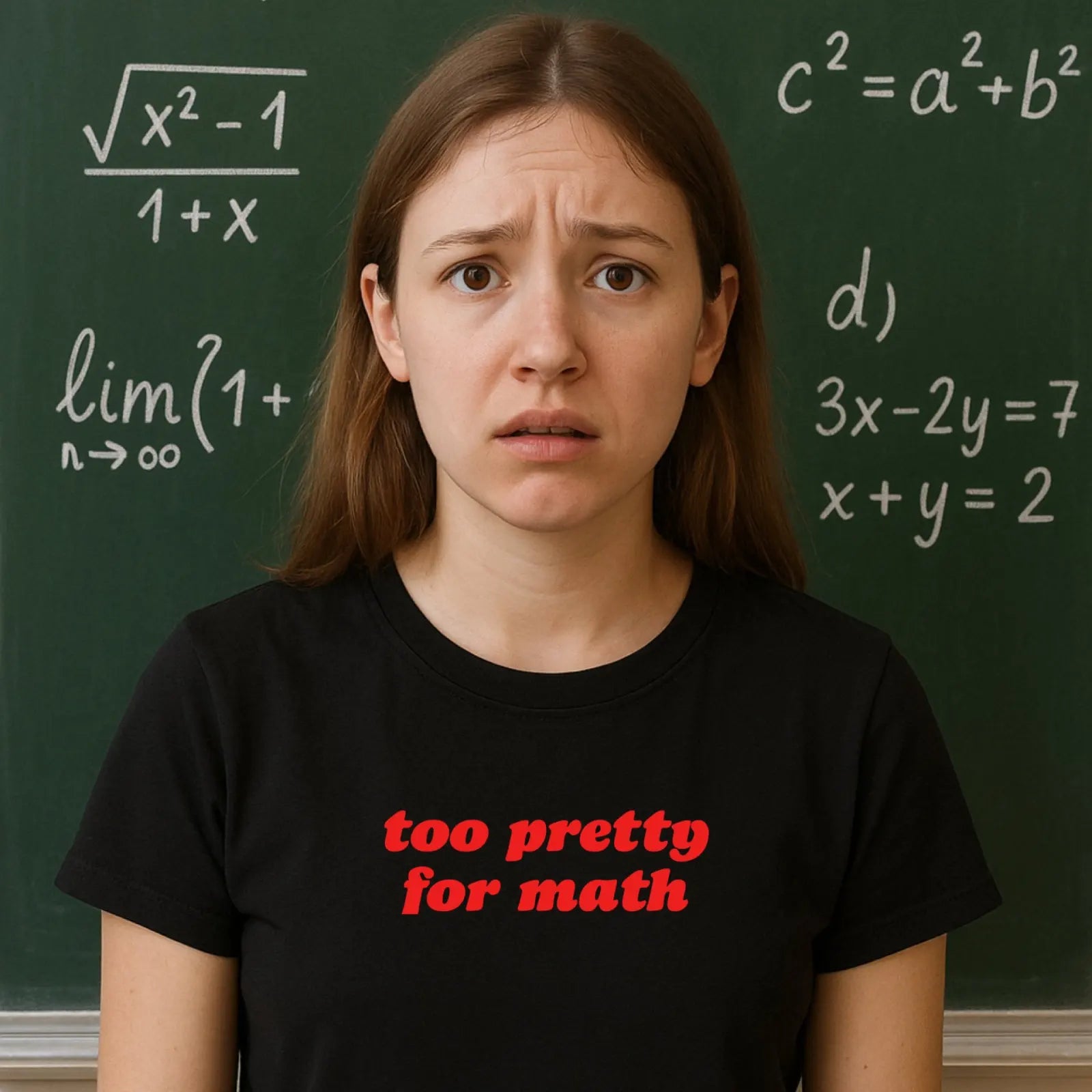 Studentka v černém tričku s nápisem Too pretty for math