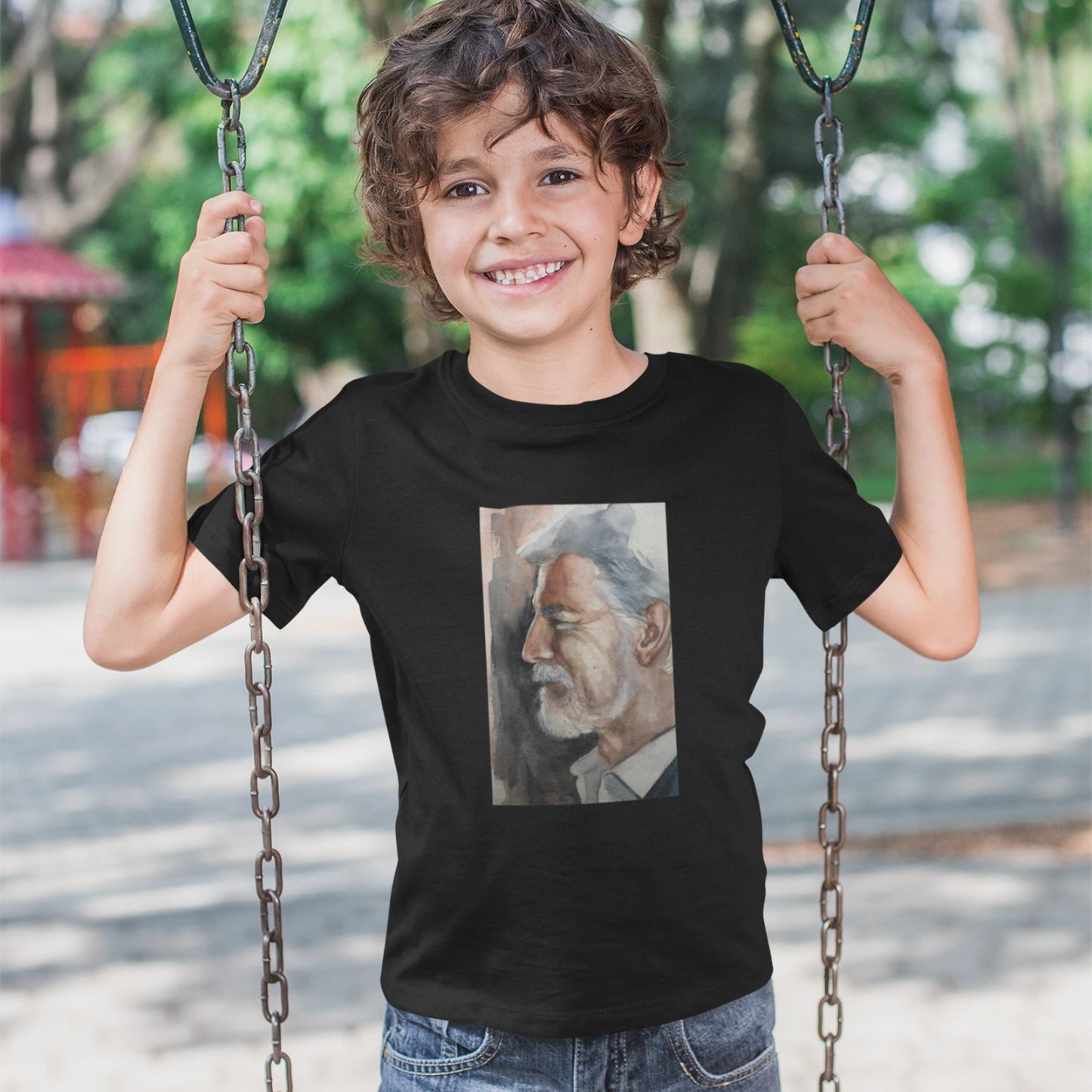 Kluk v černém tričku s portrétem prezidenta Petra Pavla