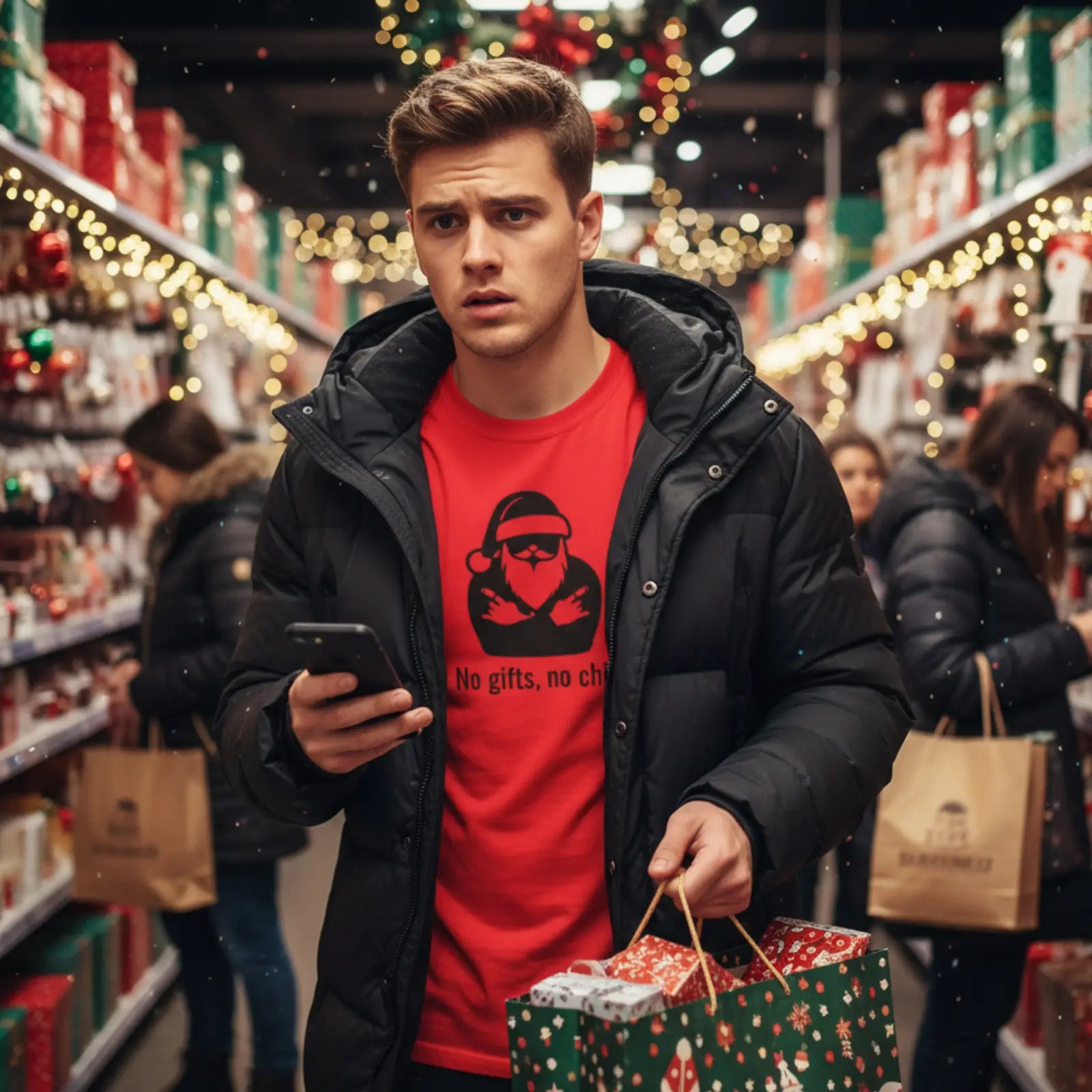 Muž nakupujícíc dárky v červeném tričku se Santou a nápisem No gifts, no chill