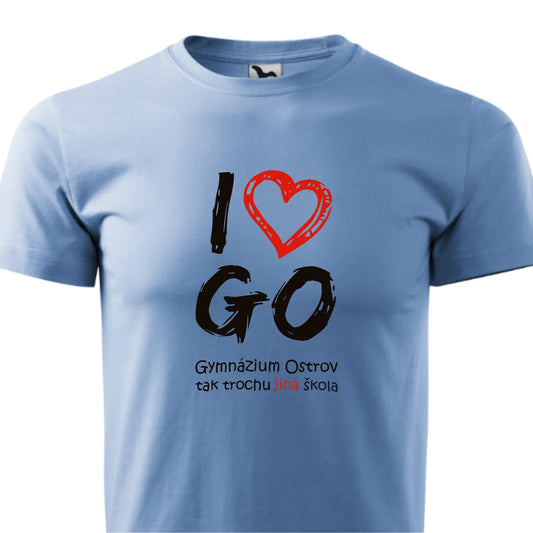 Pánské nebesky modré tričko s nápisem I Love GO, tričko ostrovského gymnázia - barevná řada II