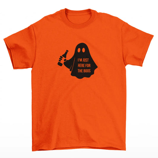 Oranžové halloween tričko s duchem a nápisem I’m just here for the boos